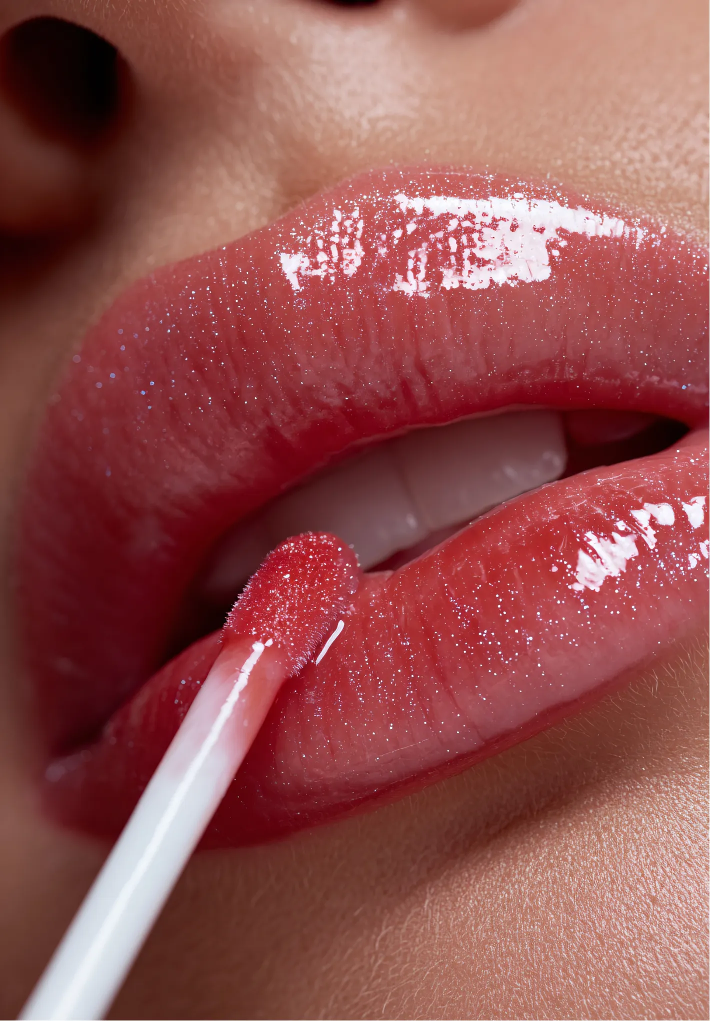 lip-1 Close-up of glossy lips with a lip gloss applicator applying pink, shiny lip gloss.